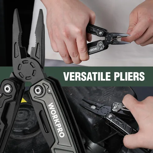 Vista 6 de WORKPRO Multiherramienta de 11 en 1 con alicates, clip de bolsillo y funda - Cuchillo multiuso EDC con cierre de seguridad - Cuchillo de bolsillo