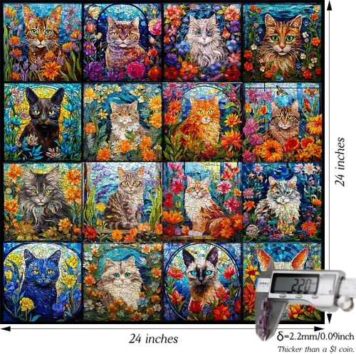 Vista 7 de Bgraamiens Rompecabezas de arte de mosaico de gatos, 1000 piezas, arte de vidrieras con gatos y flores, desafío de color para adultos