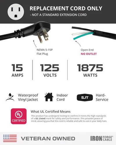 Vista 2 de Iron Forge Cable Cable de alimentación de calibre 12 de 3 pies, 15 amperios negro resistente, cable SJT de 3 clavijas de 12/3 clavijas con extremo
