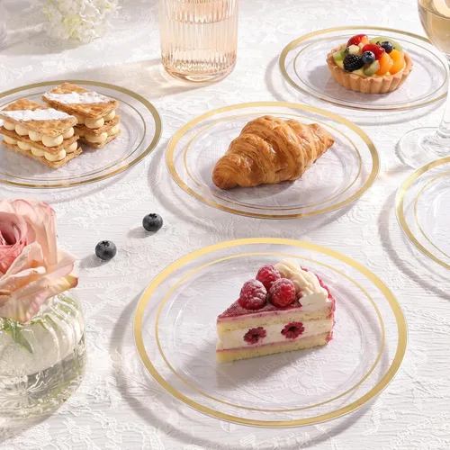 Vista 6 de BESTVIP 50 platos de plástico dorado transparente de 7 pulgadas, platos desechables para ensalada y postre con borde dorado para Navidad, Acción