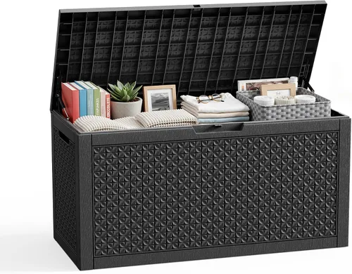 Vista 21 de Caja de resina de 30 galones para terraza, caja de almacenamiento para patio al aire libre con cierre para muebles, herramientas de jardín