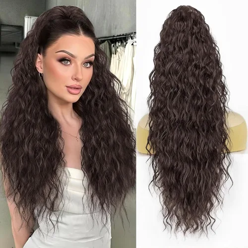 Vista 11 de Extensión de cola de caballo con cordón, extensión de cola de caballo larga y rizada para mujeres negras, extensiones de cabello negro de 26