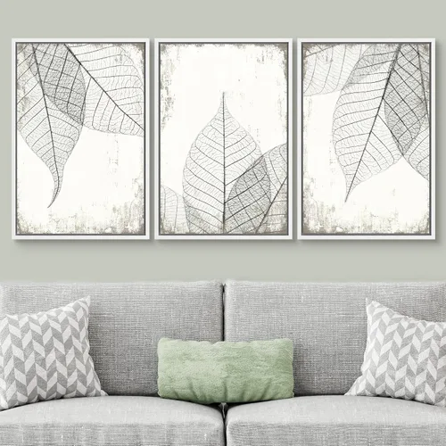 Vista 136 de SIGNWIN Lienzo enmarcado para pared, juego de arte de collage de hojas transparentes en blanco y negro, ilustraciones de naturaleza silvestre, arte