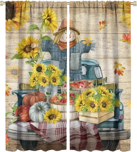 Vista 33 de Divertidas cortinas opacas de calabaza y espantapájaros para sala de estar, rústicas de otoño, hojas de arce, girasol, cosecha de otoño, puesta