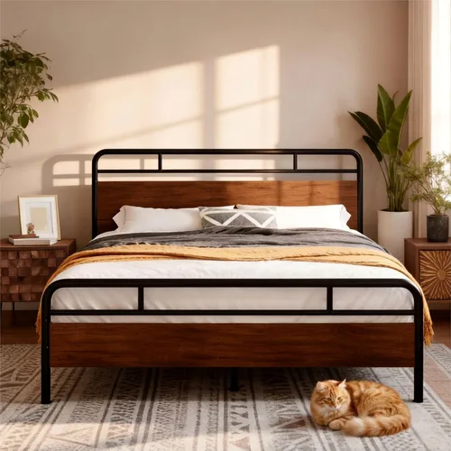 Vista 9 de IMUsee Base de cama matrimonial con cabecera de madera industrial, almacenamiento debajo de la cama de 12 pulgadas, base de colchón, no necesita