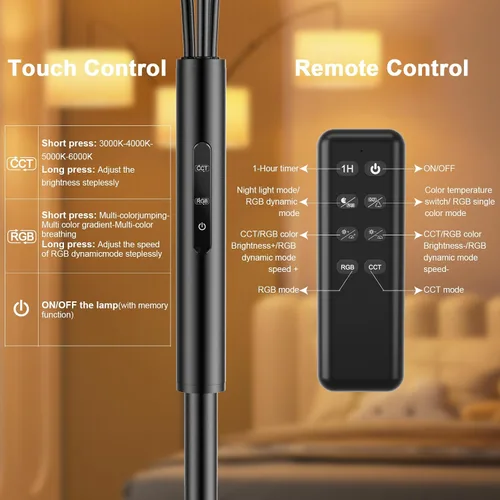 Vista 7 de SIBRILLE Lámpara de pie de arco RGB de 36 W con 3 pantallas de tela blanca, lámpara de pie súper brillante de 3000 lm con control remoto y táctil