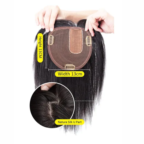 Vista 5 de Parte en U de cabello humano real con base de seda, parte lateral, clip en el postizo lacio, sin costuras, repuesto para pérdida de cabello de Negro