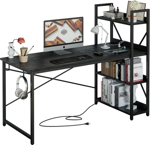 Vista 10 de Escritorio IRONCK para computadora de 47 pulgadas con toma de corriente y estantes de almacenamiento, mesa de estudio con estación de carga