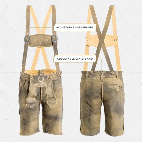 Vista 2 de Lederhosen Men Oktoberfest Costume, Genuine Leather German, Mushroom Brown Short