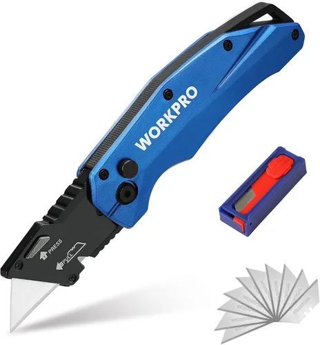 Vista 11 de WORKPRO Cuchillo Utilitario Plegable, Metal Resistente, Cortador de Caja de Bloqueo de Eje de Apertura Rápida, Cuchillo de Hoja de Cambio Rápido, 1