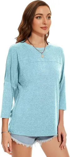 Vista 4 de ZENNILO Camisetas casuales de manga 3/4 para mujer, holgadas, cuello redondo, lindas camisetas básicas