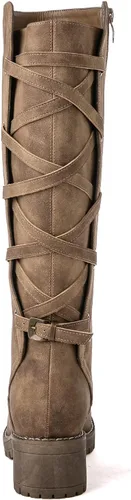 Vista 5 de GLOBALWIN Botas altas de motocicleta con tiras para mujer, botas de equitación de pantorrilla ancha con cordones en la parte trasera para otoño e