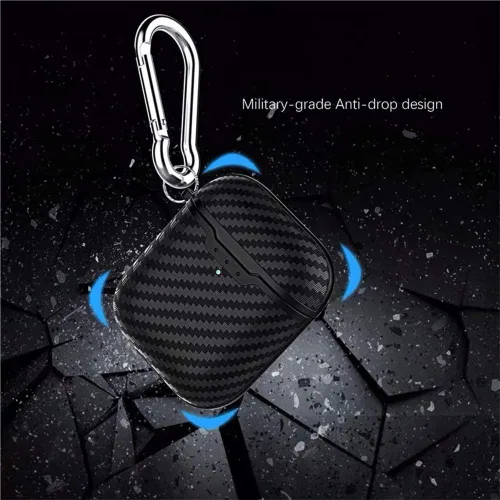 Vista 8 de Compatible con auriculares Airpods 1 y 2, fibra de carbono fresco grano militar anti-caída flexible TPU protector antidedos con llavero negro
