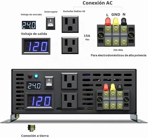 Vista 3 de WZRELB Inversor de corriente de onda sinusoidal pura de 2500W 24VDC 120VCA, RV, inversor de coche, pantalla LED