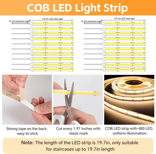 Vista 6 de Luces LED para escalones debajo de la escalera, sensor de movimiento, kit de iluminación de escalera en cascada activada con tira LED COB cortable