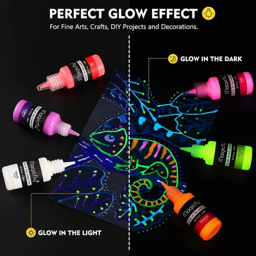 Vista 3 de Magicfly Pintura acrílica que brilla en la oscuridad, 10 colores brillantes de pintura líquida luminosa, pinturas de neón que brillan