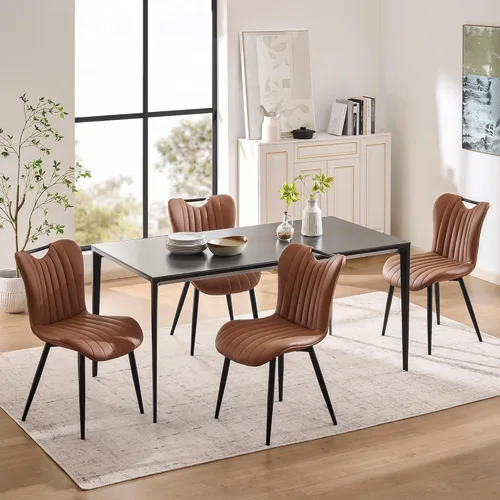 Vista 11 de Juego de 2 sillas de comedor tapizadas de cuero, modernas sillas de comedor de cocina de mediados de siglo con patas de metal negro, sillas