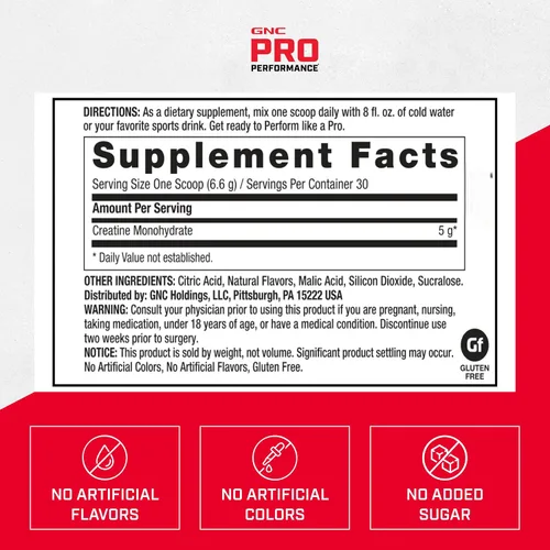 Vista 6 de GNC Pro Performance Monohidrato de creatina – Suplemento de entrenamiento diario para atletas de élite – Mezcla de bebida en polvo de creatina
