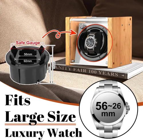 Vista 2 de Watch Winder Smith Bobinadora de reloj automática individual de bambú - 4 modos de rotación, motor silencioso
