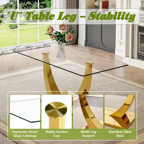 Vista 7 de Juego de mesa de comedor de cristal de 63 pulgadas para 4, mesa de comedor para 4, mesa de comedor con patas y base de acero inoxidable, sillas