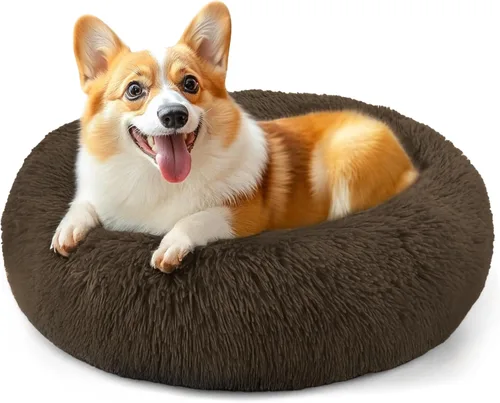 Vista 47 de Hoewina - Cama redonda, calmante, en forma de rosquilla, lavable, esponjosa para interiores, perros y gatos pequeños y medianos, negro, 20 pulgadas