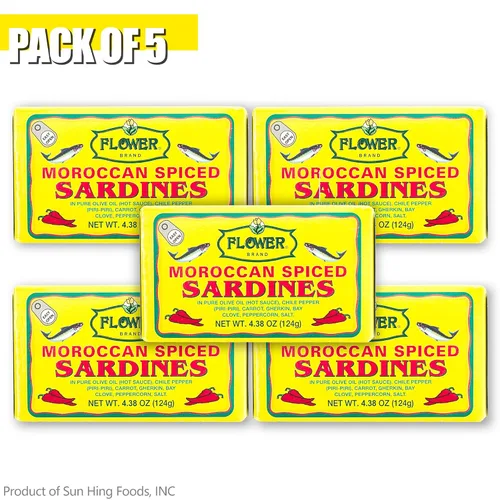 Vista 3 de Flower Brand Sardinas especiadas (aceite de oliva) 4.38 onzas, capturadas en la naturaleza de Marruecos, alimentos ricos en proteínas, alimentos sin