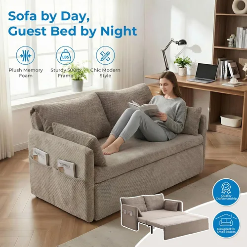 Vista 4 de Mjkone Sofá cama de 66.5 pulgadas de ancho, tamaño Queen para sala de estar Beige