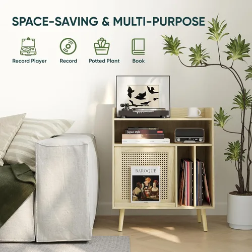 Vista 8 de Semiocthome Soporte para tocadiscos con almacenamiento de vinilo, mesa de tocadiscos con estante de almacenamiento, soporte giratorio con puerta