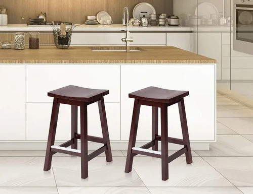 Vista 10 de Juego de 2 taburetes de bar de madera maciza con placas de pie de metal, taburetes modernos sin espalda de 24 pulgadas de altura para encimera