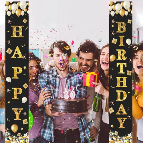 Vista 6 de Cartel de feliz cumpleaños negro y dorado, cartel de feliz cumpleaños, cartel de puerta de porche, letrero colgante de pared para exteriores e