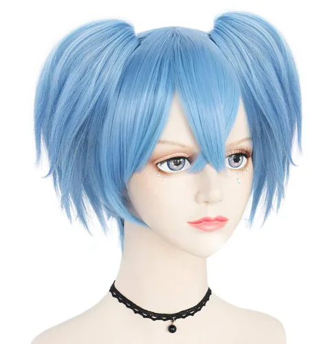 Vista 3 de Anogol Gorro de pelo + peluca Nagisa Shiota Cosplay azul peluca con colas de caballo dobles peluca corta azul anime peluca para hombres, mujeres