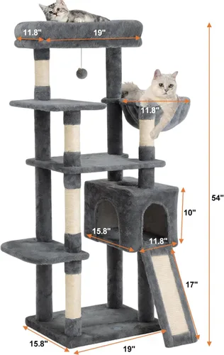 Vista 2 de Árbol para gatos de 54 pulgadas, torre alta para gatos con hamaca, condominio y almohadilla para rascar, casa para gatos con percha de felpa
