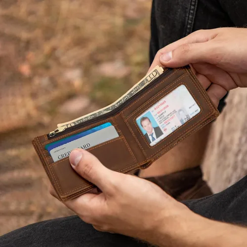 Vista 27 de Polare - Cartera plegable de piel de caballo loco natural para hombre, con bloqueo RFID
