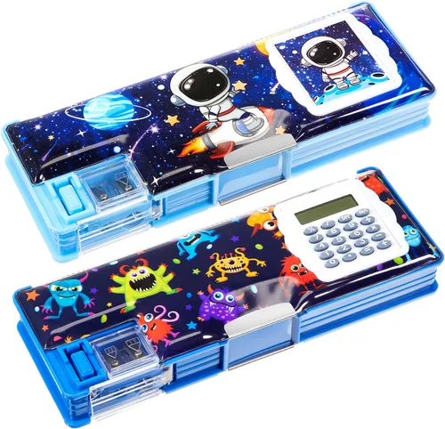 Vista 8 de Henoyso Estuche multifuncional de 2 piezas con calculadora para niñas, bonita caja de lápices de plástico con sacapuntas, bolsa para bolígrafos
