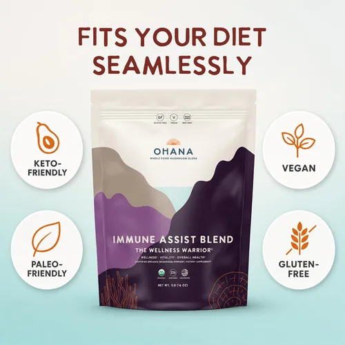 Vista 6 de Ohana Immune Assist Blend, polvo orgánico de hongos integrales USDA, mezcla de 8 hongos cultivados en Estados Unidos, ideal para energía, inmunidad