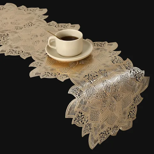 Vista 2 de FAVE Camino de mesa dorado de 36 pulgadas con forma de flor, camino de mesa corto lavable para bodas, banquetes, cumpleaños, fiestas, restaurantes