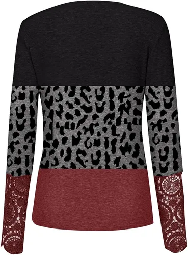 Vista 3 de Tops de moda para mujer, con estampado de leopardo, de encaje, manga larga, informal, con botones