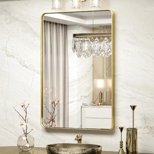 Vista 63 de TokeShimi Espejo de pared de baño de níquel cepillado de 20 x 30 pulgadas, marco de metal, esquina redonda, rectangular, para decoración del hogar