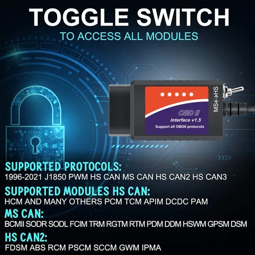 Vista 5 de Adaptador USB ELM327 OBD2 Escáner para Windows, herramienta de escaneo de diagnóstico ELMconfig FoCCCus con interruptor MS-Can/HS-Can para vehículos