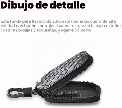 Vista 4 de Funda universal para llave de automóvil, funda de cuero para llavero inteligente, protector antiarañazos con cremallera y gancho de metal