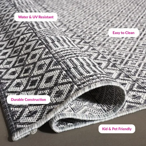 Vista 7 de SAFAVIEH Alfombra lavable al aire libre, colección Courtyard - 2'3" x 5', gris y negro, no desprende pelusa y fácil limpieza, ideal para patio