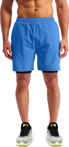 Vista 2 de Pudolla Mens 2 in 1 Running Shorts 7" Quick Dry Gym Athletic Workout Shorts for Men with Phone Pockets