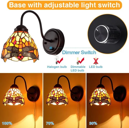 Vista 3 de Tiffany - Lámpara de pared para mesita de noche con interruptor regulable, aplique de pared de cuello de cisne vintage industrial con cable