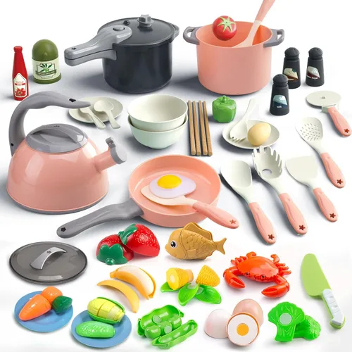 Vista 16 de Bruvoalon Juego de 32 juguetes de cocina para niños, accesorios de cocina con ollas, sartenes, utensilios de cocina, alimentos, verduras enlatadas