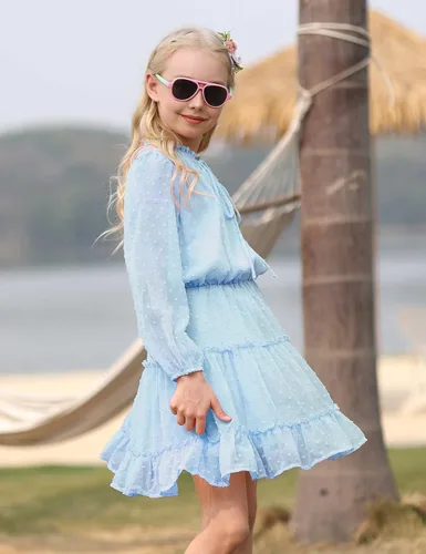 Vista 5 de DONWEN Vestido de punto suizo para niña, manga larga, vestido de gasa fluido, vestido de primavera y verano, con lazo frontal, vestidos casuales