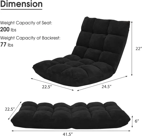 Vista 3 de GOFLAME Sofá de suelo plegable de 14 posiciones, sofá ajustable para juegos, silla acolchada, cama plegable para dormir para sala de estar, Negro