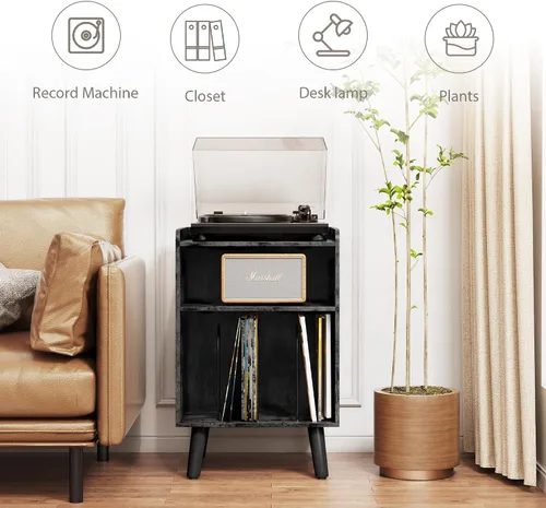 Vista 8 de Soporte para tocadiscos, plataforma giratoria con almacenamiento de discos y estación de carga y puertos USB, mesa para tocadiscos con divisor