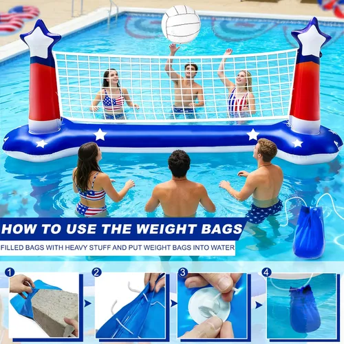 Vista 7 de Grandes juegos inflables de piscina, red de voleibol y aro de baloncesto con 2 pelotas de playa, bandera estadounidense, juguetes de agua
