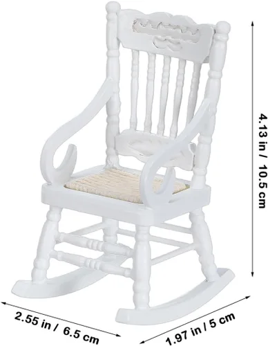 Vista 5 de SOIMISS Mecedora de madera blanca en miniatura, asiento de cuerda de cáñamo, escala 1:12, accesorios para muebles de casa de muñecas, decoración