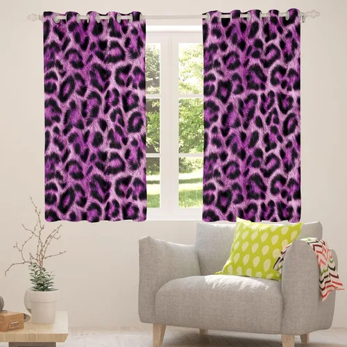 Vista 4 de Feelyou Purple Leopard Print Blackout Curtains Black Wild Safari Darkening Drapes for Bedroom Living Room Decor Cheetah Fur Wildlife Thermal